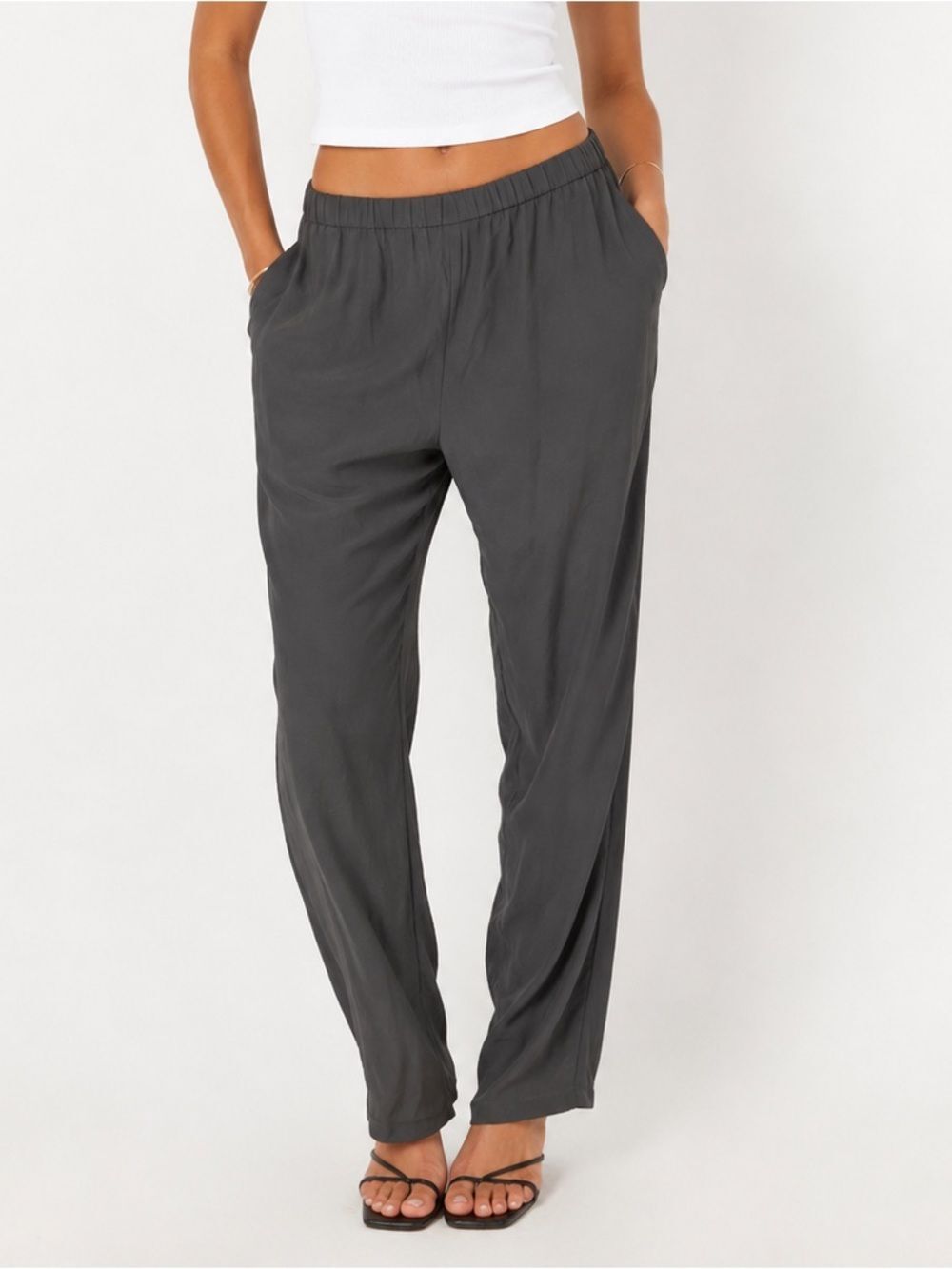 Eileen Fisher Silk Charcoal Pull On Elastic Waist Pants Business Casual Classic
